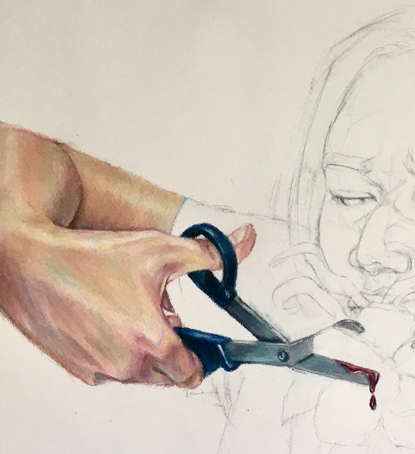 Colored pencil illustration of a hand and scissors